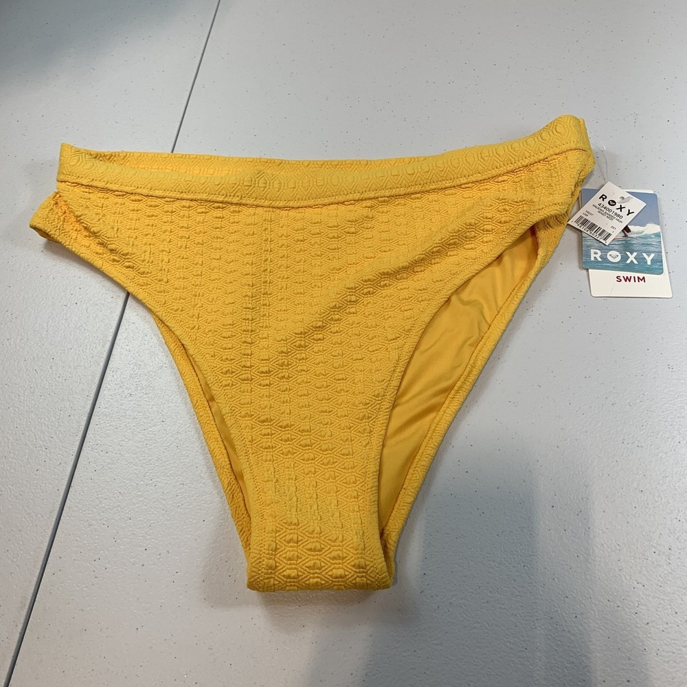 Roxy Women's Swim Bikini Bottom L Haleiwa Banded High Waist Mod Yellow Texture